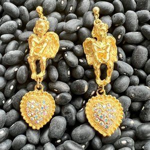 Large Gold Iridescent Crystal Heart Cherub Earrings
